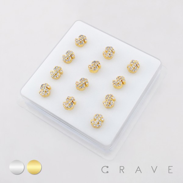 12PCS OF CZ GEM PAVED DOLLAR SIGN 316L SURGICAL STEEL NOSE BONE STUD BOX
